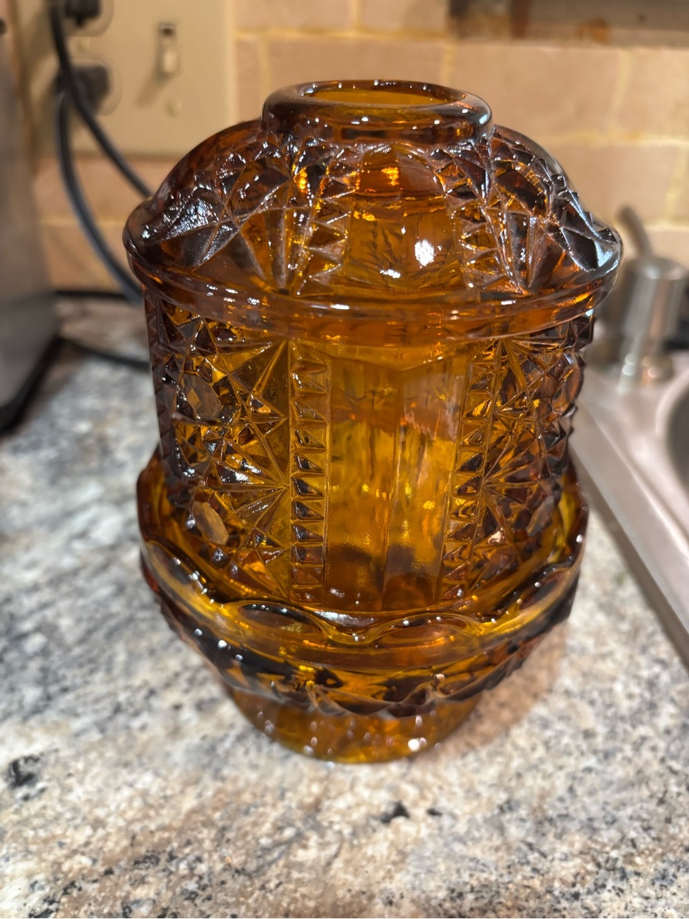 Amber Pressed Indiana Glass Covered Fairy Lamp